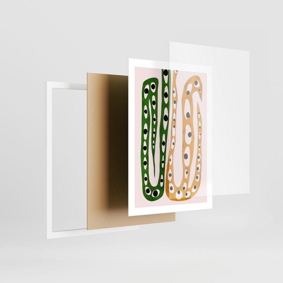 Plakat w ramie 50x70 - Migocące Zmaganie - abstrakcyjny obraz, dziwne kształty - rama biała