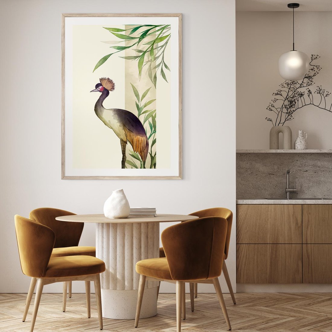 Plakat w ramie 50x70 - Kwiatowa Ekspresja - japońska sztuka, ptak - rama drewno