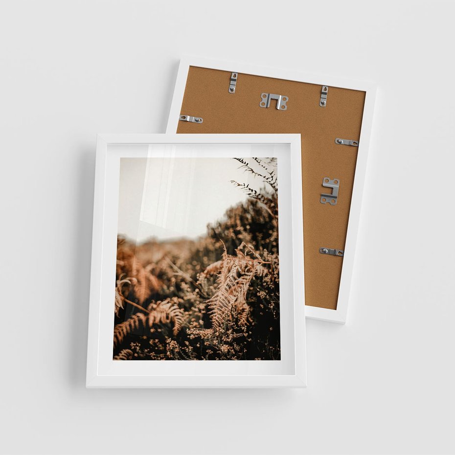 Plakat w ramie 40x50 - Jesienna Harmonia - suche paprocie, jesienny krajobraz - rama biała