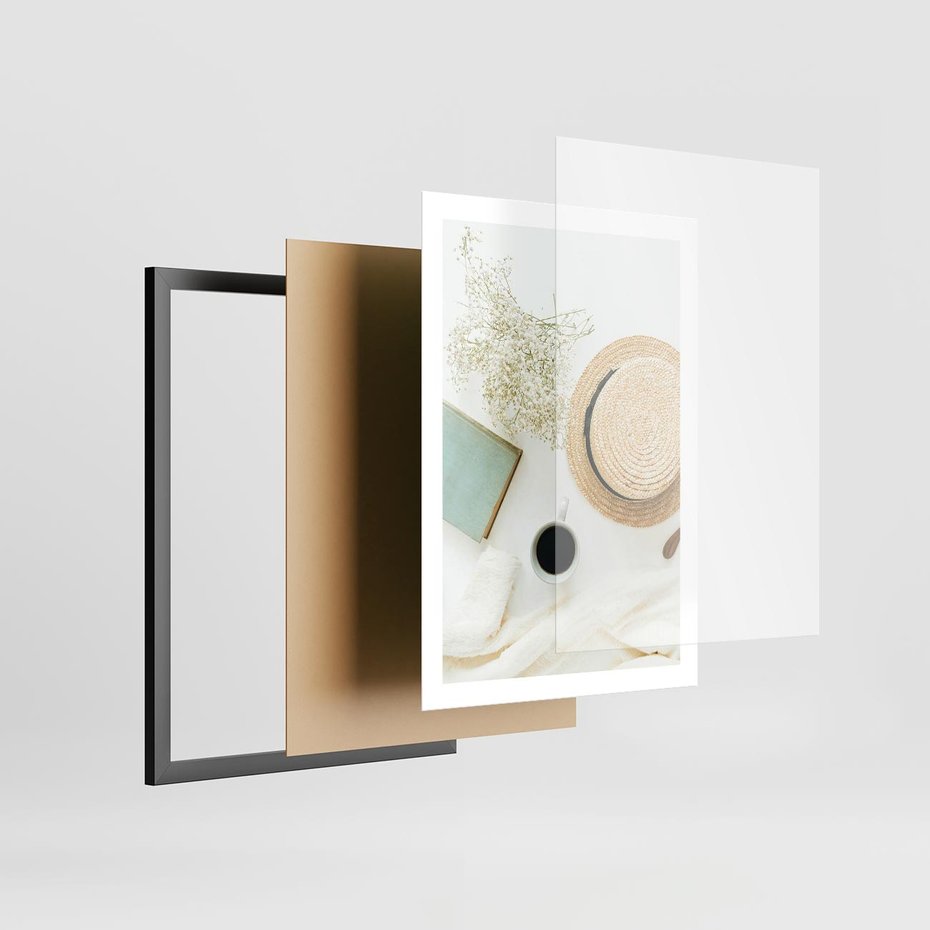 Plakat w ramie 50x70 - Boho Urok - kompozycja boho, slomkowy kapelusz - rama czarna