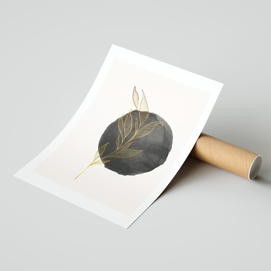 Plakat bez ramy 21x30 - Złota Gałązka na Tle Akwarelowej Ciemności - złota gałązka, czarna plama akwarelowa w tle