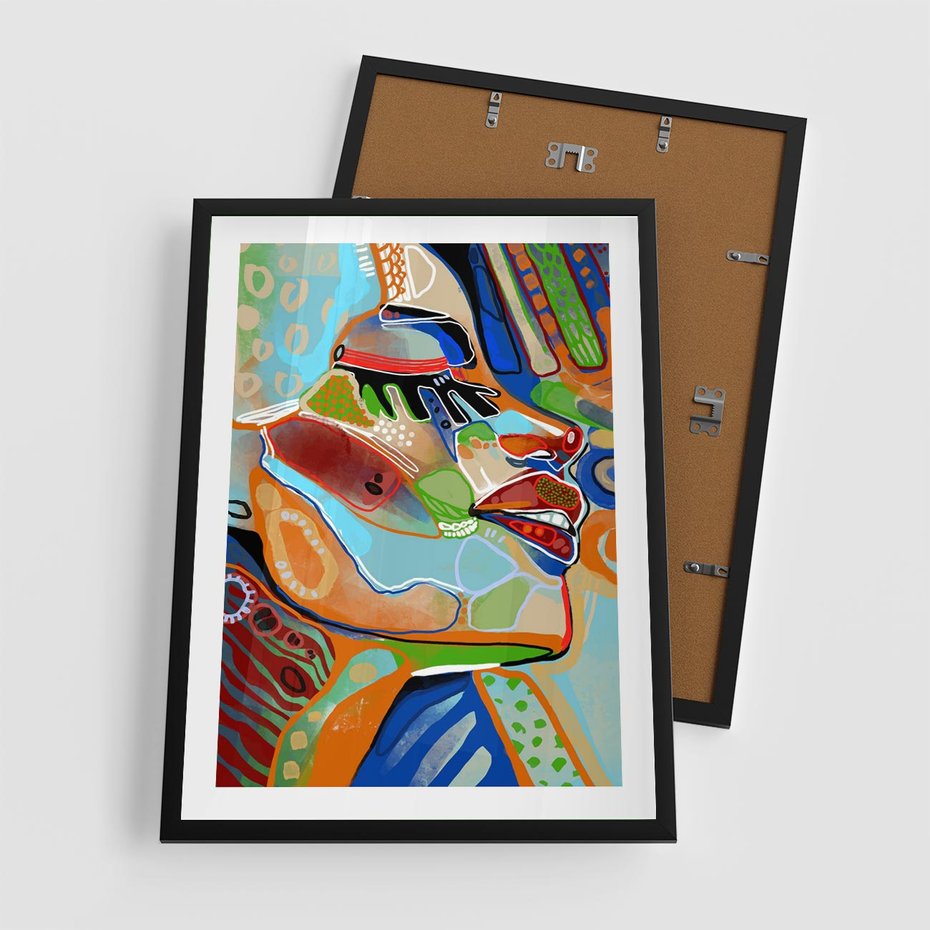 Plakat w ramie 50x70 - Kolorowe Wnętrza Kształtów - abstrakcyjny portret kobiety, twarz - rama czarna