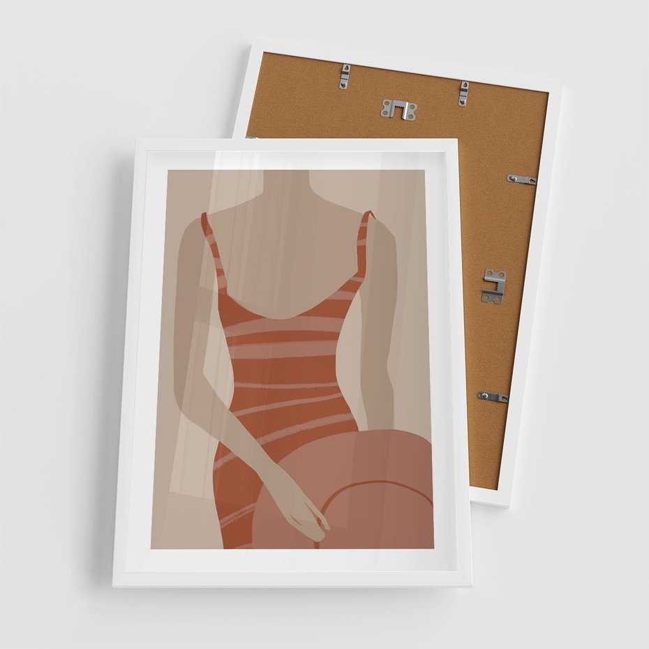 Plakat w ramie 50x70 - Kobiece Retro - minimalistyczny boho plakat, retro kobieta w stroju kąpielowym - rama biała