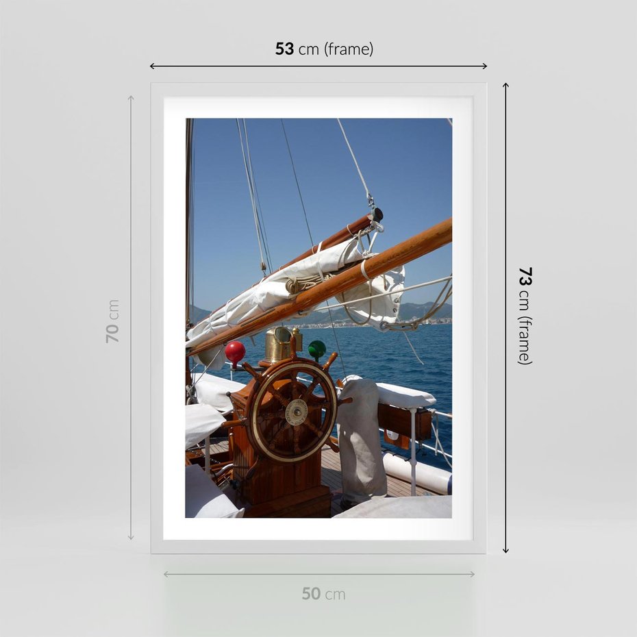 Plakat w ramie 50x70 - Podróż Morska - statek, ster - rama biała
