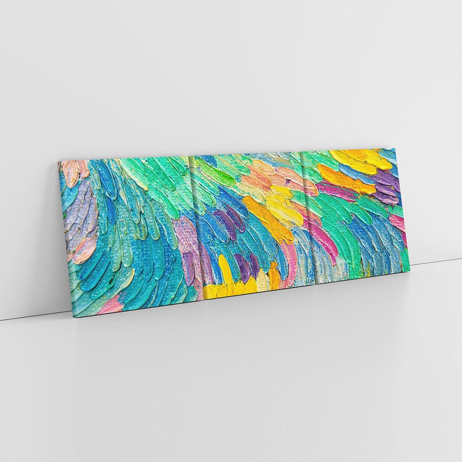 Obraz na płótnie 150x50 - Egzotyczne Pióra - abstrakcyjne dzieło, farby olejne