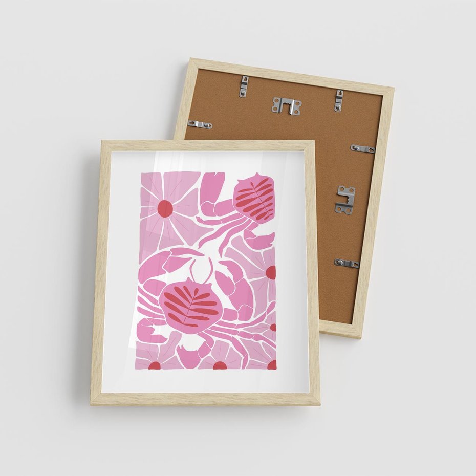 Plakat w ramie 40x50 - Roztańczone Kraby - różowe kwiaty i kraby, abstrakcyjna kompozycja - rama drewno
