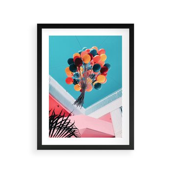 Plakat w ramie 50x70 - Kolorowe Balony Pod Niebem - kolorowe balony na tle niebieskiego nieba - rama czarna
