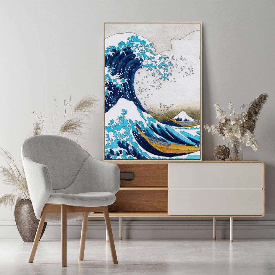 Obraz w ramie 80x120 - Wzburzone Morze - wielka fala w kaganawie, Hokusai - rama drewno