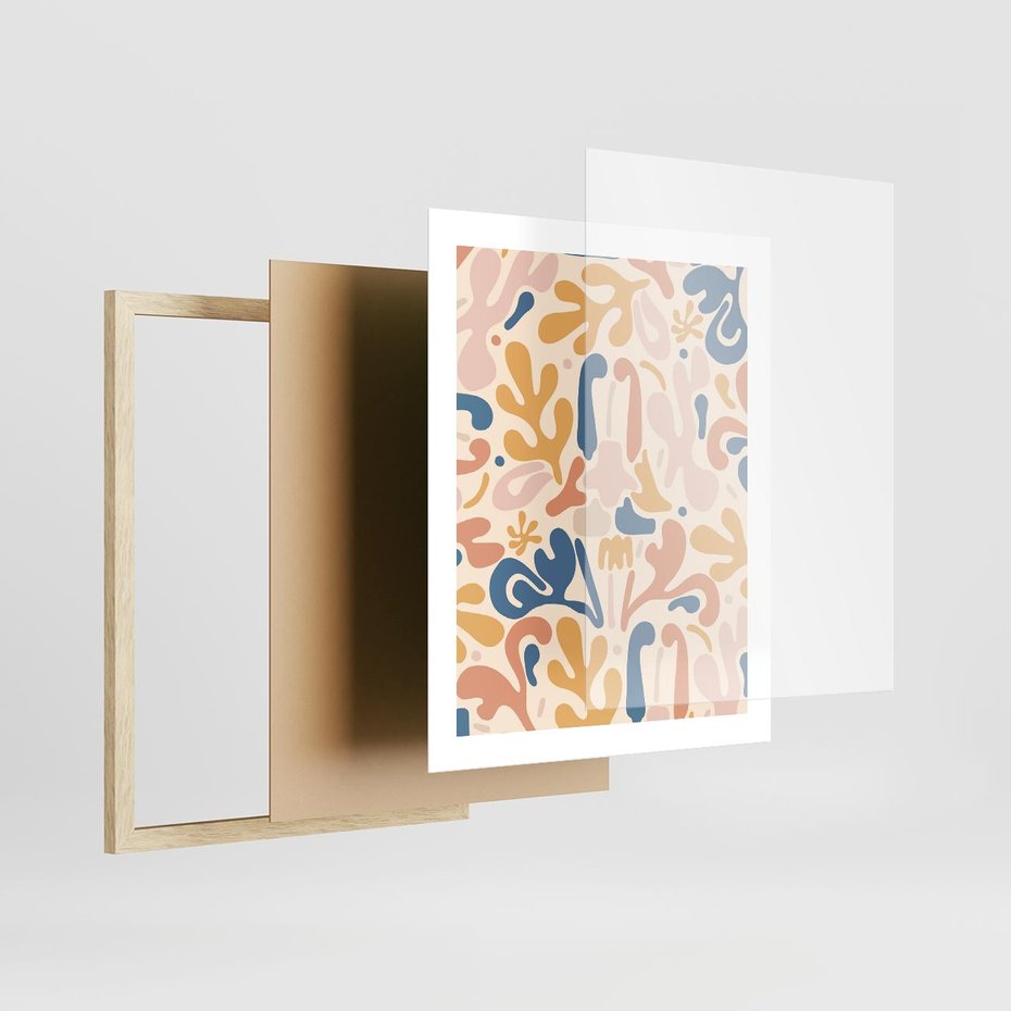 Plakat w ramie 40x50 - Symfonia Radosnych Barw - abstrakcyjne pastelowe formy, nowoczesna grafika w stylu boho - rama drewno