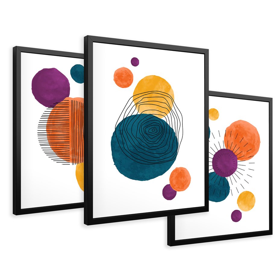 Zestaw obrazy w ramie 40x50 galeria - Geometryczne, koła, akwarela - rama czarna