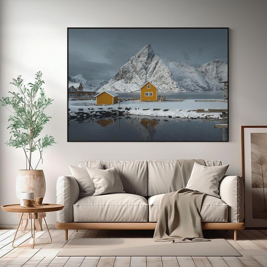 Obraz w ramie 70x50 - Minimalizm i Urok Natury - skandynawskie, domki - rama czarna