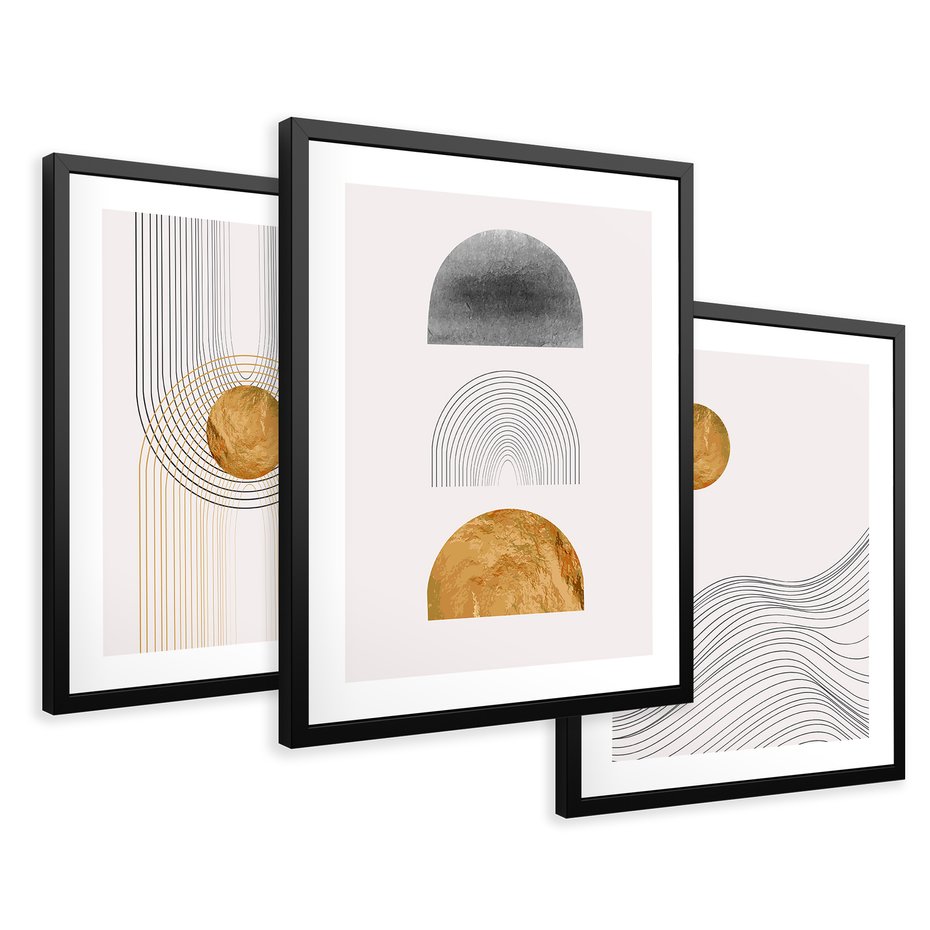 Zestaw obrazy w ramie 50x70 galeria - Minimalizm, japońskie, kształty, złoto - rama czarna