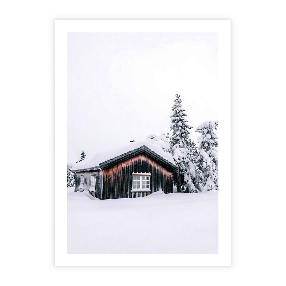 Plakat bez ramy 30x40 - Zimowy Azyl: Domek w Górach - domek w górach, śnieg