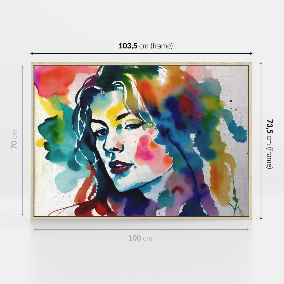 Obraz w ramie 100x70 - Abstrakcyjna ekstaza barw - abstrakcyjny portret kobiety, szkic czarną kreską - rama drewno