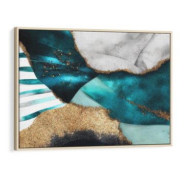Obraz w ramie 70x50 - Rozlane Turkusy - Turkusowe plamy, złote elementy - rama drewno