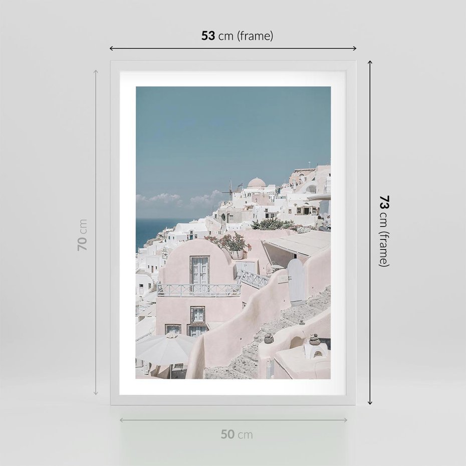 Plakat w ramie 50x70 - Śródziemnomorski Urok - zdjęcie Santorini, białe budynki - rama biała