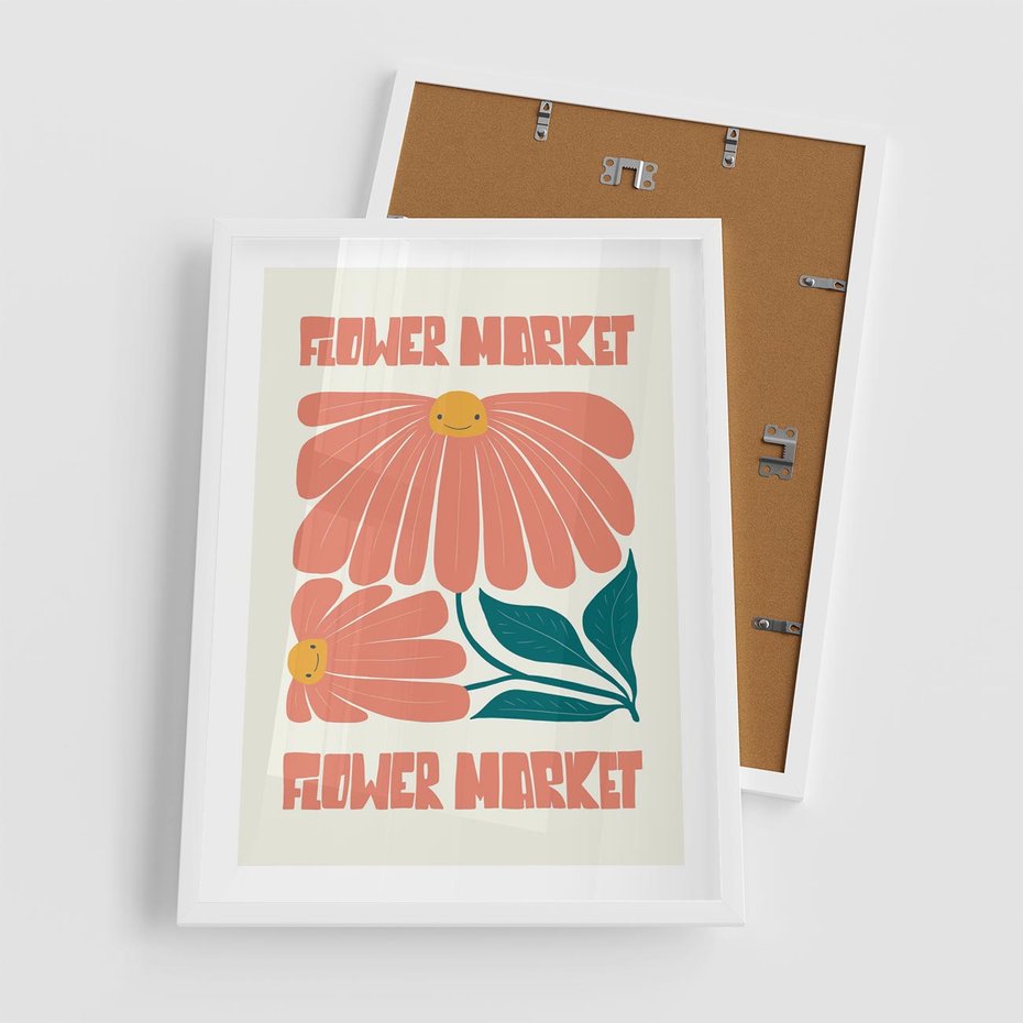 Plakat w ramie 50x70 - Grafika Pełna Radości - wesoła grafika, uśmiechnięte kwiaty - rama biała