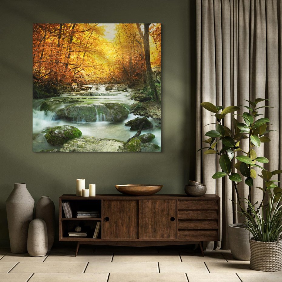 Obraz na płótnie 80x80 - Siła Natury: Strumień w Lesie - strumień, las