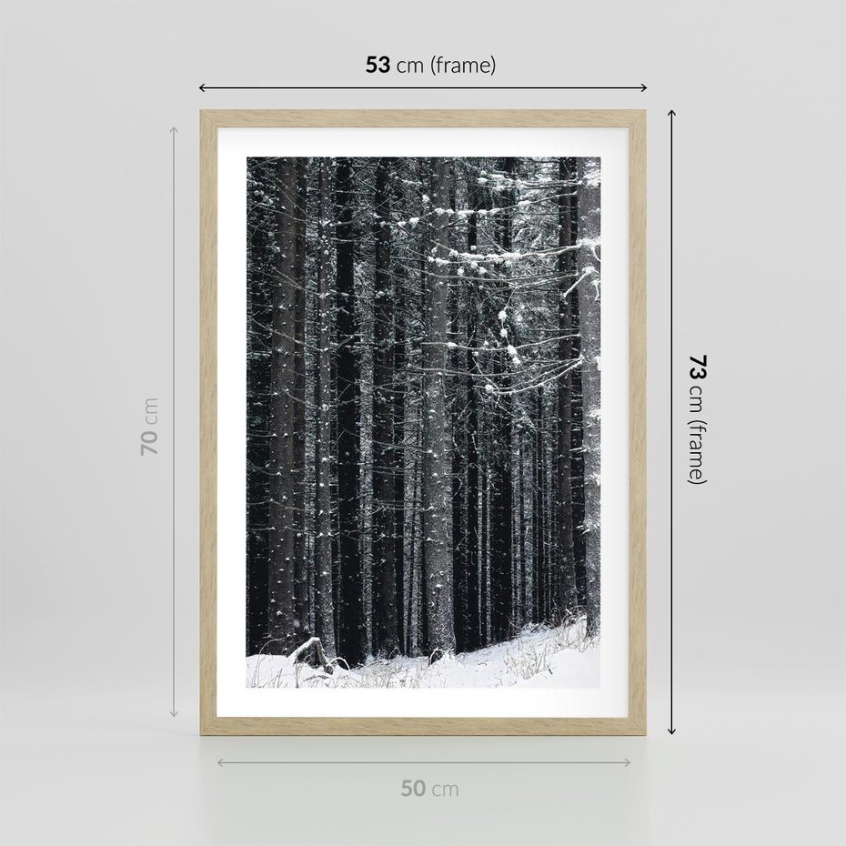 Plakat w ramie 50x70 - Leśna Cisza: Malowniczy Pejzaż Zimą - las zimą, ośnieżone pnie drzew - rama drewno