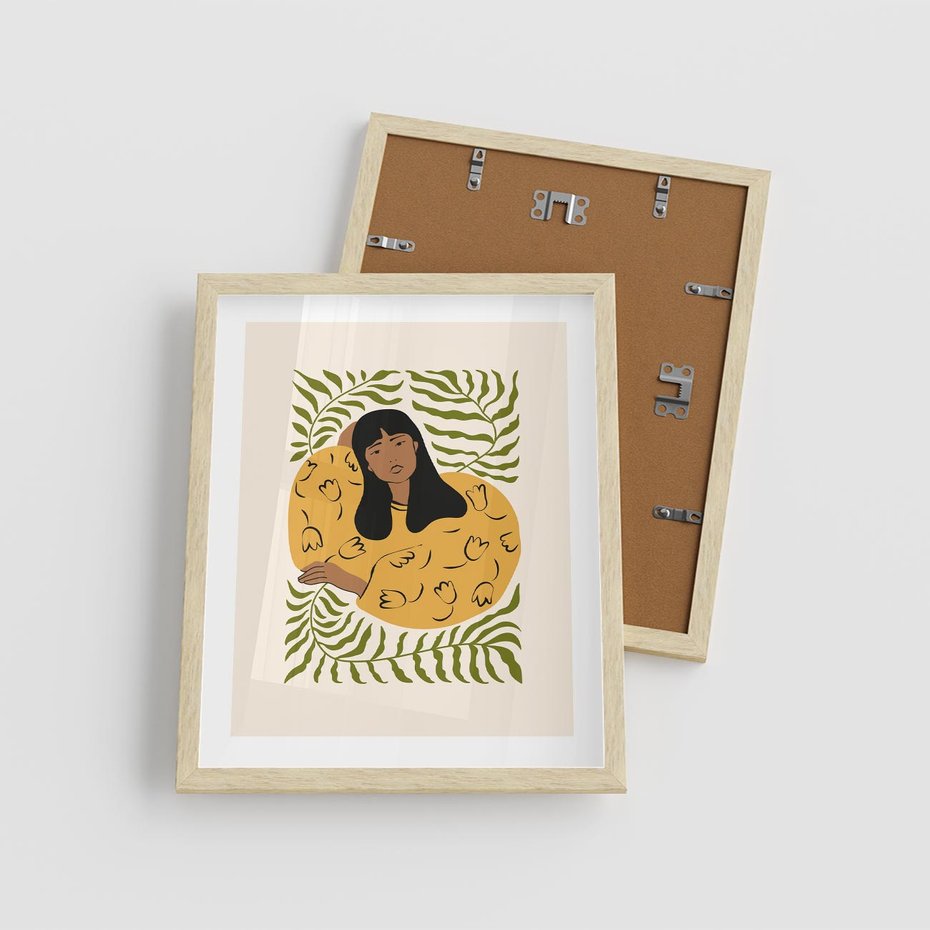 Plakat w ramie 40x50 - Malowane Odbicia Wyobraźni - nowoczesny plakat, kobieta otoczona liśćmi - rama drewno