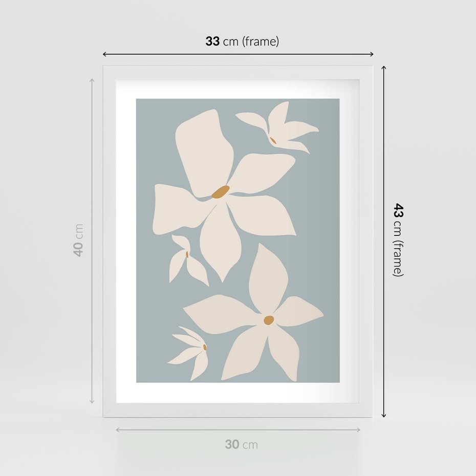 Plakat w ramie 30x40 - Błękit Kwiatów - kwiaty, nowoczesne i minimalistyczne - rama biała