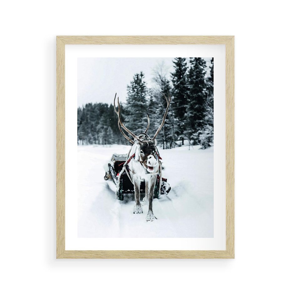 Plakat w ramie 40x50 - Świąteczna Przygoda - renifer, śnieg - rama drewno