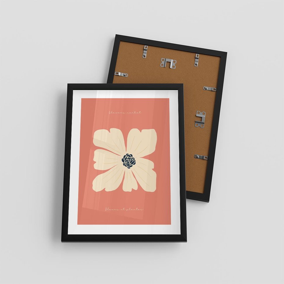 Plakat w ramie 30x40 - Malowane Kolorowe Echa - minimalistyczna grafika, biały kwiat na różowym tle - rama czarna