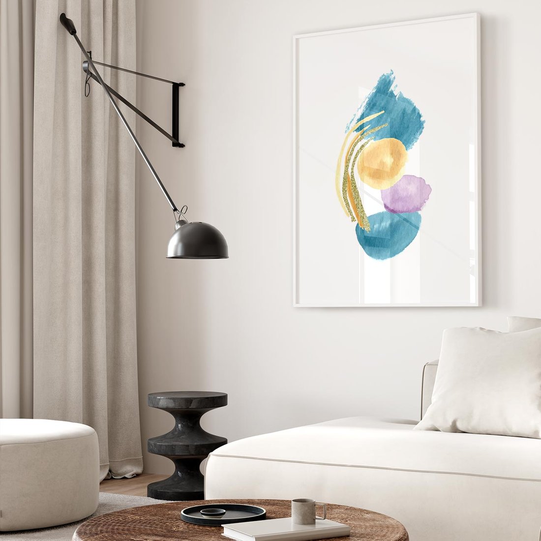 Plakat bez ramy 40x50 - Migocące Barwy Akwarel - akwarelowe plamy w odcieniach błękitu, złote kreski