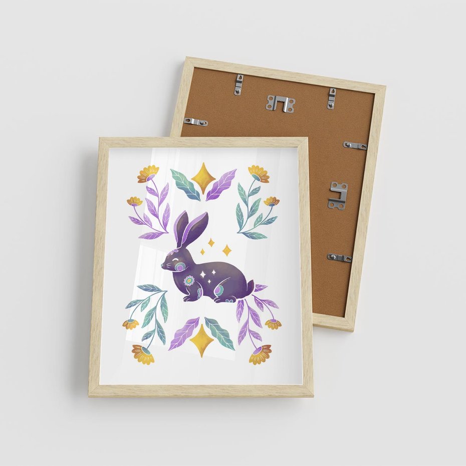 Plakat w ramie 40x50 - Boho Wiatr - boho plakat, królik - rama drewno