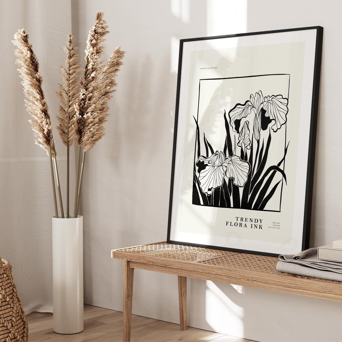 Plakat w ramie 50x70 - Spojrzenia na szkicowaną przeszłość - kwiaty, typografia - rama czarna