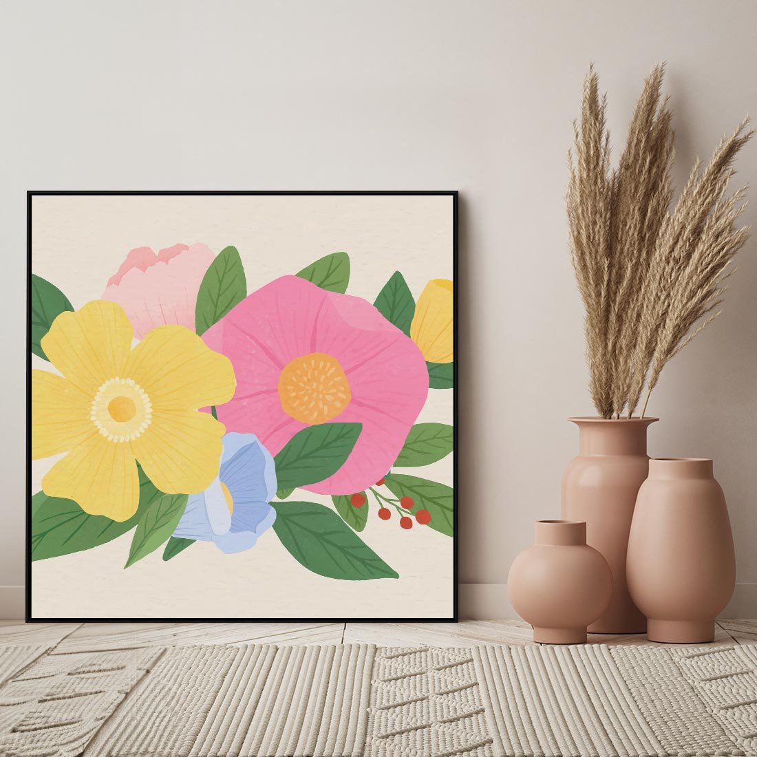 Obraz w ramie 50x50 - Kwiatowy Uśmiech - kwiaty, akwarela - rama czarna