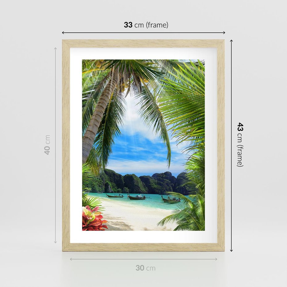 Plakat w ramie 30x40 - Palmy tańczące na tropikalnej plaży - palmy, plaża - rama drewno