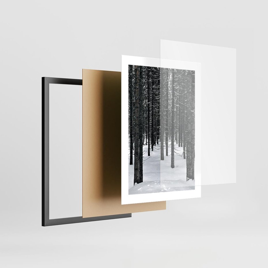 Plakat w ramie 30x40 - Zimowe Drzewa: Śnieg na Pniach - drzew w zimi, pnie drzew - rama czarna