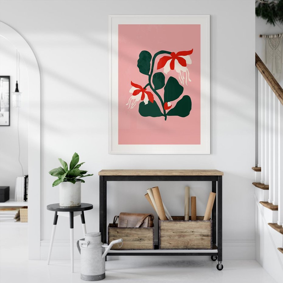 Plakat bez ramy 21x30 - Migotliwa Kreatywność - abstrakcyjne kwiaty, różowe tło