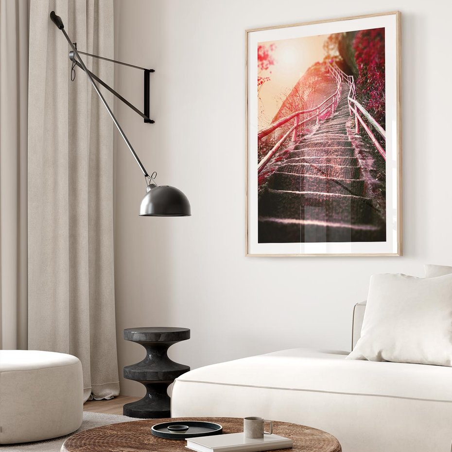 Plakat w ramie 50x70 - Schody prowadzące do nieznanych ścieżek - schody, ścieżka - rama drewno