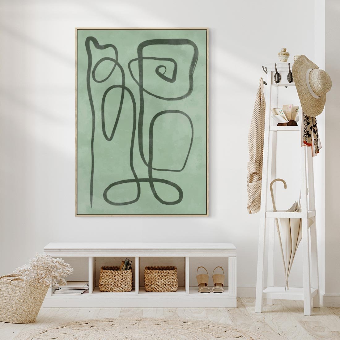 Obraz w ramie 80x120 - Zielone Wariacje w Liniach - abstrakcyjne zielone linie, skandynawski design - rama drewno