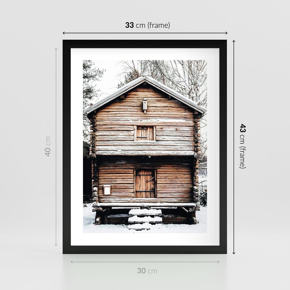 Plakat w ramie 30x40 - Śnieżny Ustronny Raj - domek w górach, śnieg - rama czarna
