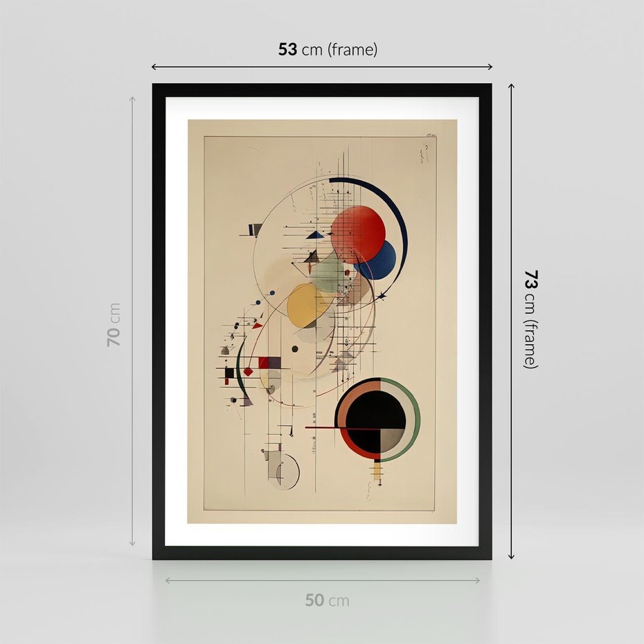 Plakat w ramie 50x70 - Impulsy Wydobyte z Cienia - abstrakcyjna geometryczna kompozycja, koła linie - rama czarna