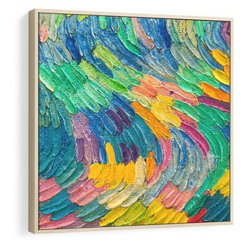 Obraz w ramie 50x50 - Egzotyczne Pióra - abstrakcyjne dzieło, farby olejne - rama drewno