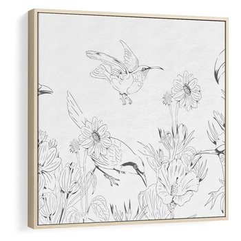 Obraz w ramie 80x80 - Tropiki w Monochromie - czarno biały szkic, tropikalne ptaki - rama drewno