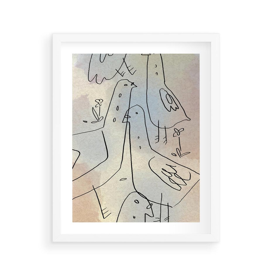 Plakat w ramie 40x50 - Strukturalna Gromada - abstrakcyjny plakat, szkic ptaków - rama biała