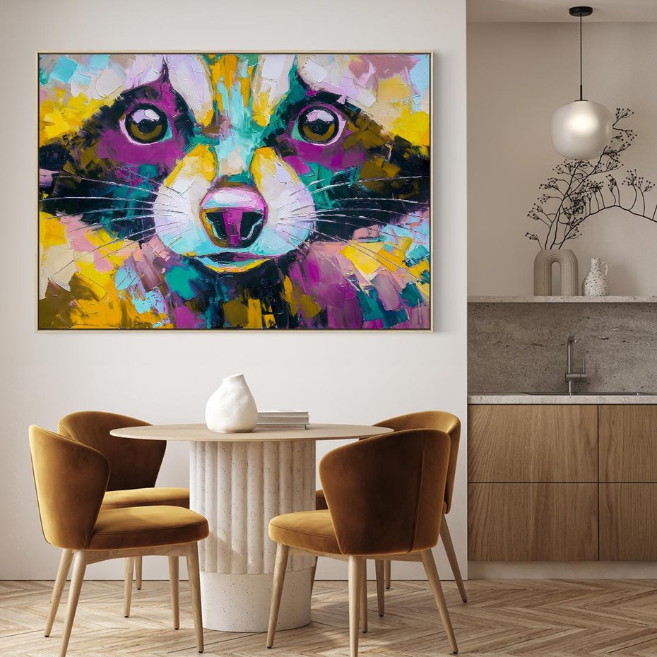 Obraz w ramie 100x70 - Przebudzenie snu artysty - zbliżenie, kolorowy portret szopa pracza - rama drewno