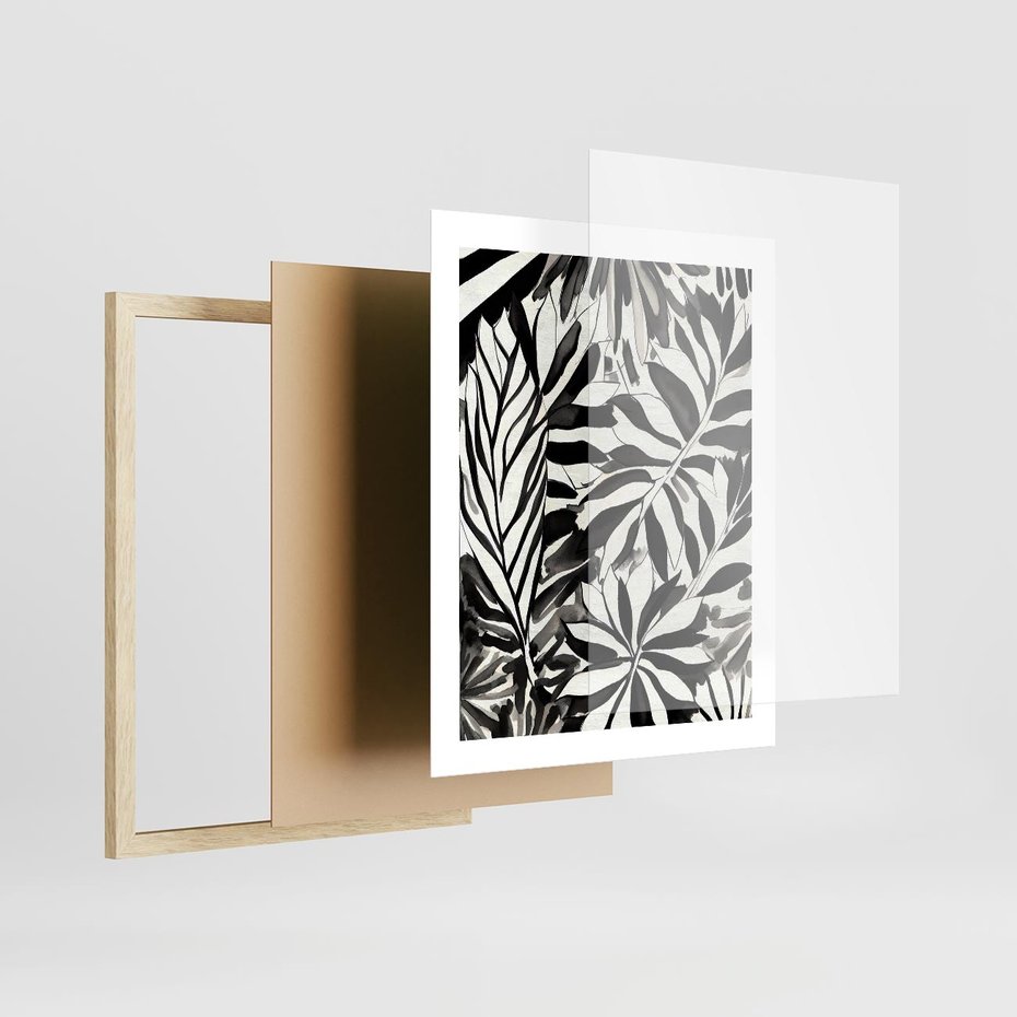 Plakat w ramie 40x50 - Czarne Liście - akwarelowy obraz, czarno biały - rama drewno