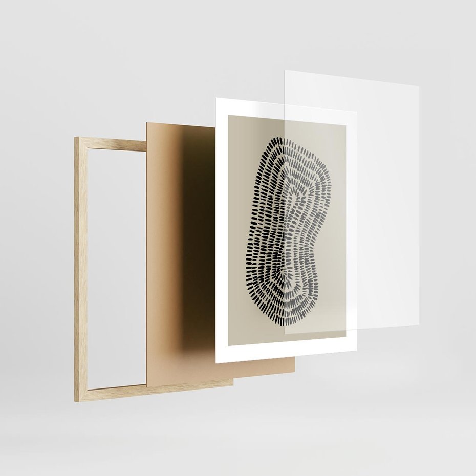 Plakat w ramie 30x40 - Nowoczesne Odbicia Wnętrza - boho plakat, czarne kropki kreski - rama drewno