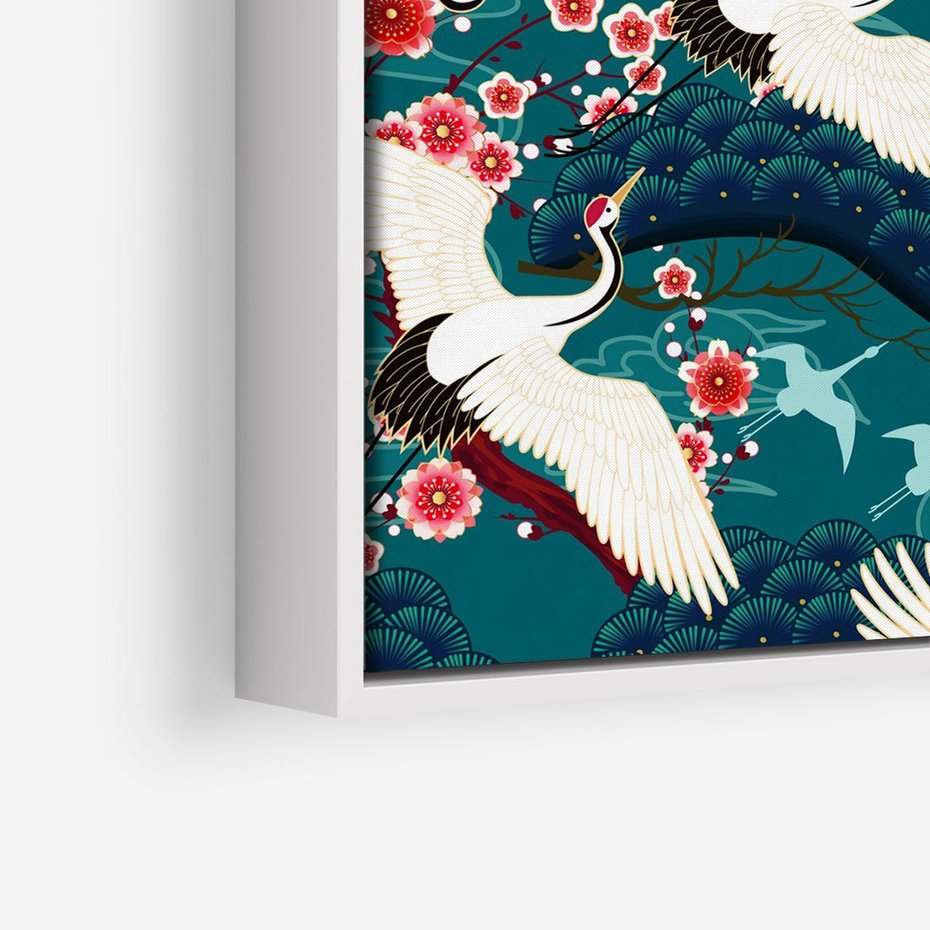 Obraz w ramie 50x50 - Żurawie Wachlarze - orientalne japońskie żurawie, grafika - rama biała