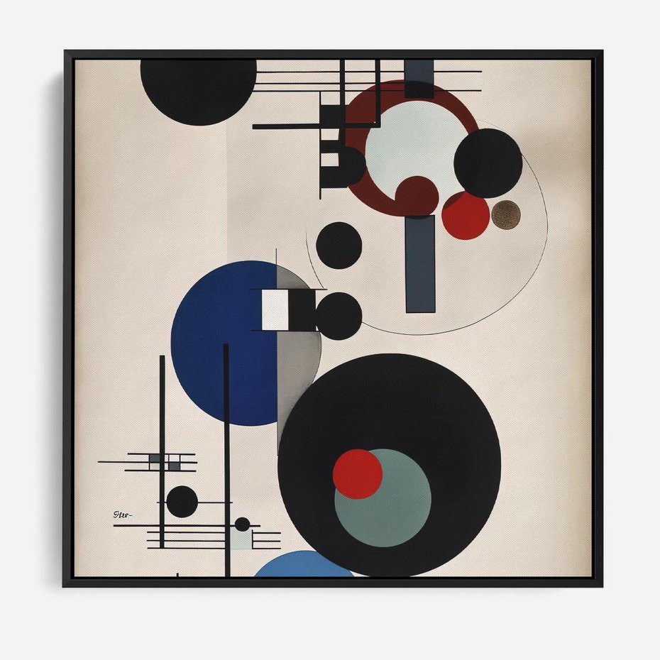 Obraz w ramie 50x50 - Rozkwitające Wibracje Wyobraźni - abstrakcyjna geometryczna kompozycja, koła linie - rama czarna