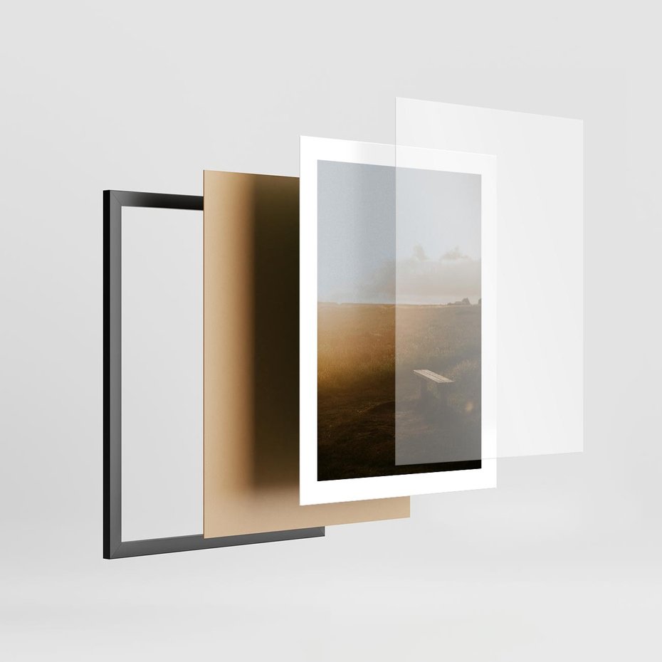 Plakat w ramie 30x40 - Mglisty zachód słońca na ławeczce - mgła, zachód - rama czarna