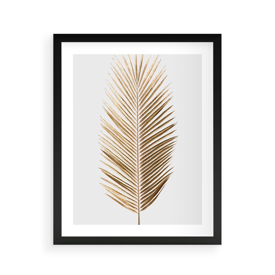 Plakat w ramie 40x50 - Złoty blask palmowego liścia - złota, palma - rama czarna