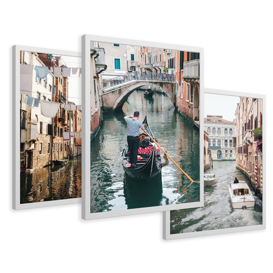 Zestaw obrazy w ramie 40x50 galeria - Wenecja, gondole, Włochy, Italia - rama biała