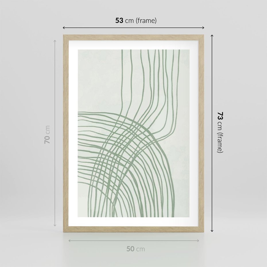 Plakat w ramie 50x70 - Migotliwa Spokojna Zieleń - zielony plakat, abstrakcyjne splątane linie - rama drewno